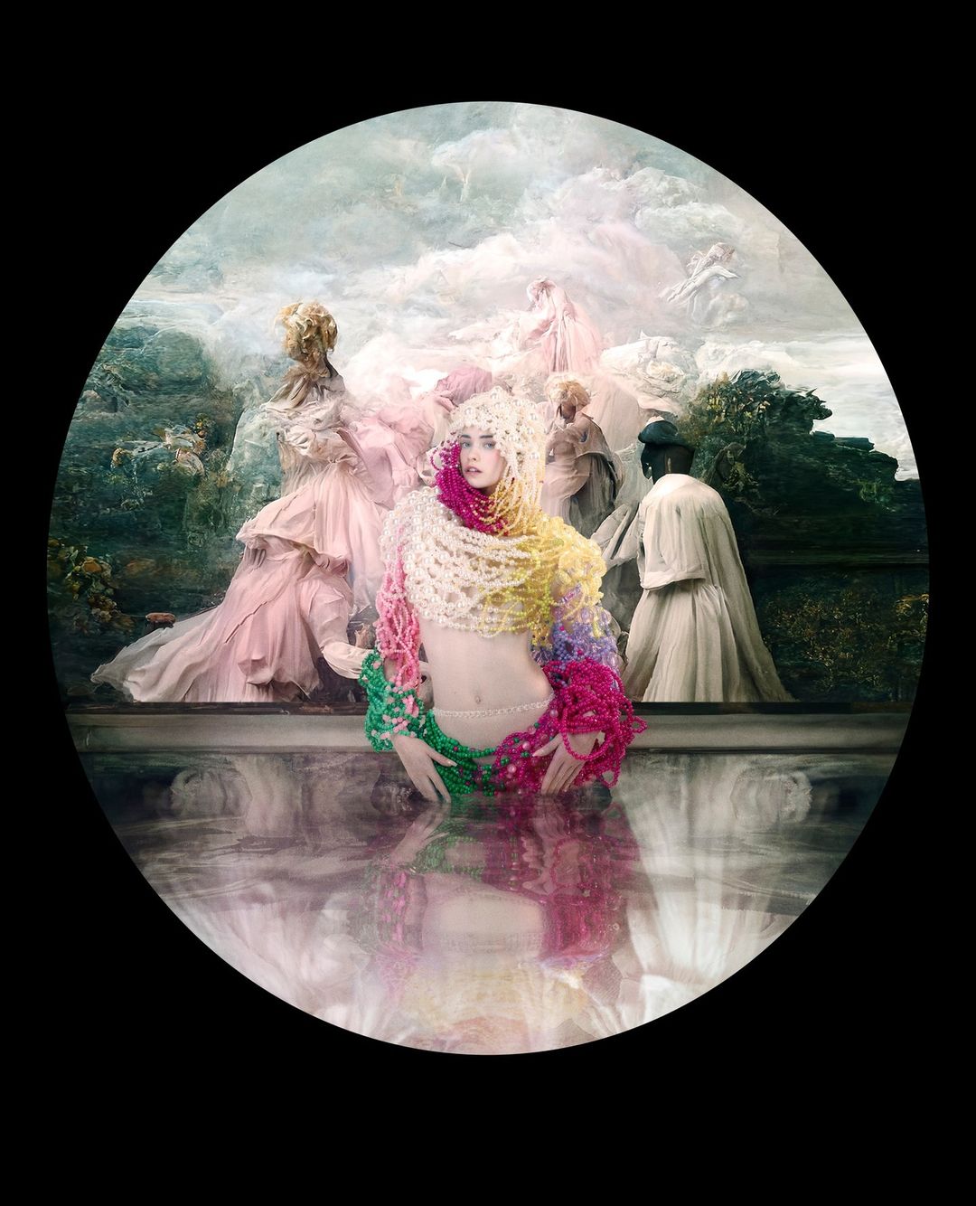 Artistic image features a woman in a colorful shawl emerging from a pool, surrounded by figures in pastel dresses, creating a dreamy scene.
