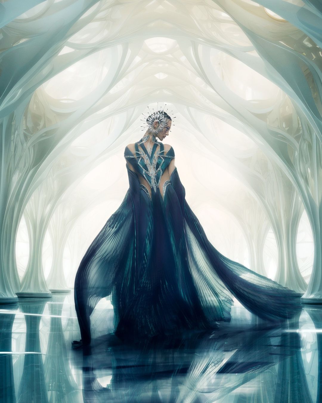 Woman in flowing teal dress in large hallway with high ceilings and blue floor reflecting the light.