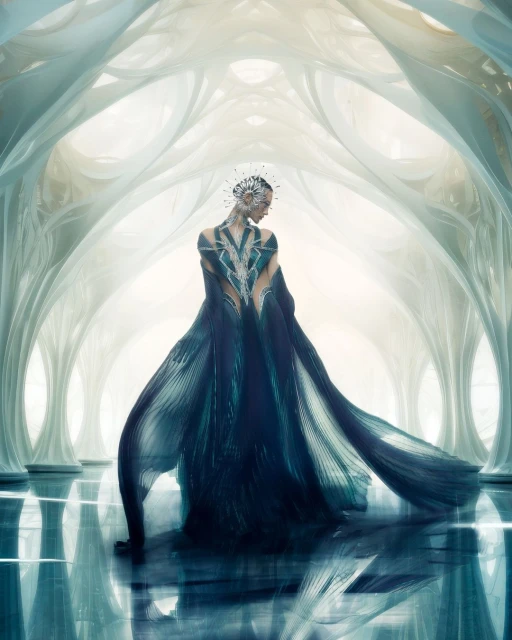 Woman in flowing teal dress in large hallway with high ceilings and blue floor reflecting the light.