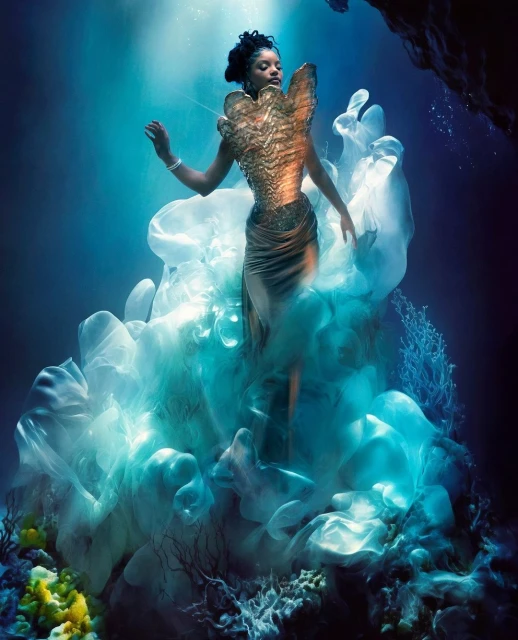 Underwater portrait of a Black woman in a gold dress, surrounded by flowing white fabric and coral in a blue water environment.