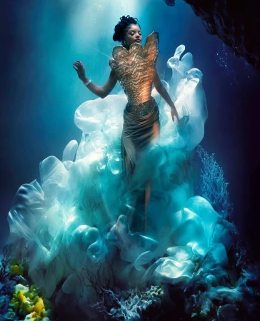 Underwater portrait of a Black woman in a gold dress, surrounded by flowing white fabric and coral in a blue water environment.
