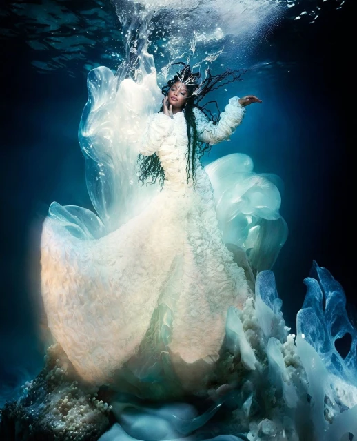 Dramatic underwater portrait of an adult female wearing an elaborate white gown and headpiece, surrounded by water currents, dark teal background.