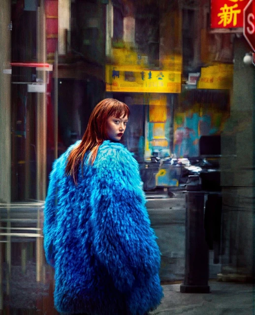 Adult woman in a blue faux-fur coat, looking over her shoulder on a city street with vibrant neon signs and building details.