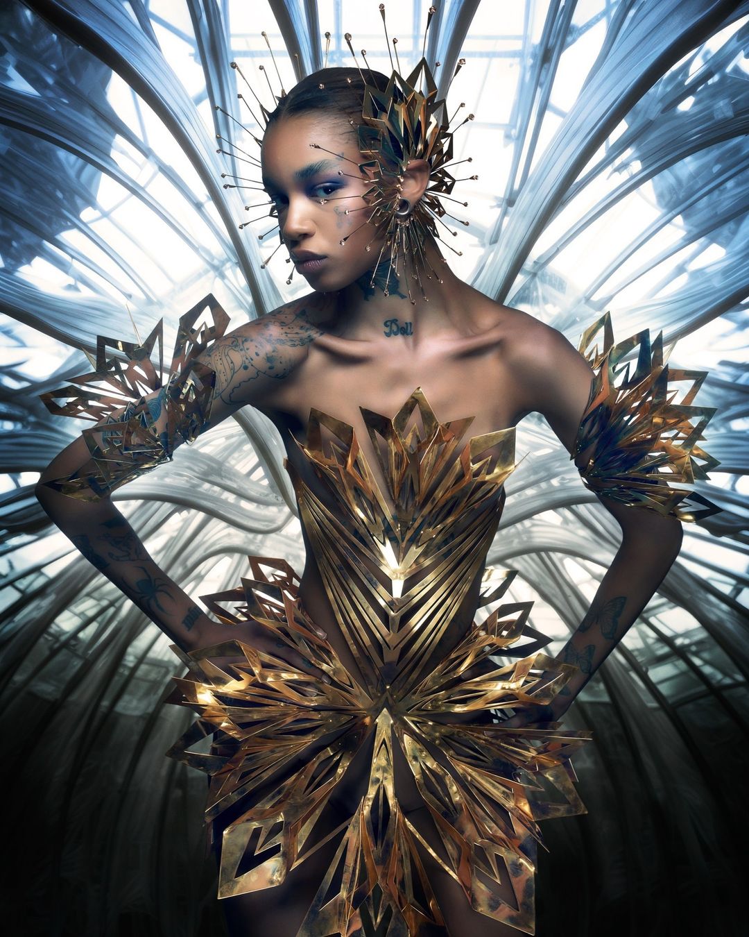 Striking image of a woman in a golden, geometric costume with intricate headpiece, against an architectural backdrop with diffused light.