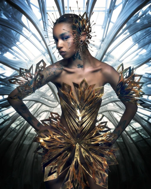 Striking image of a woman in a golden, geometric costume with intricate headpiece, against an architectural backdrop with diffused light.