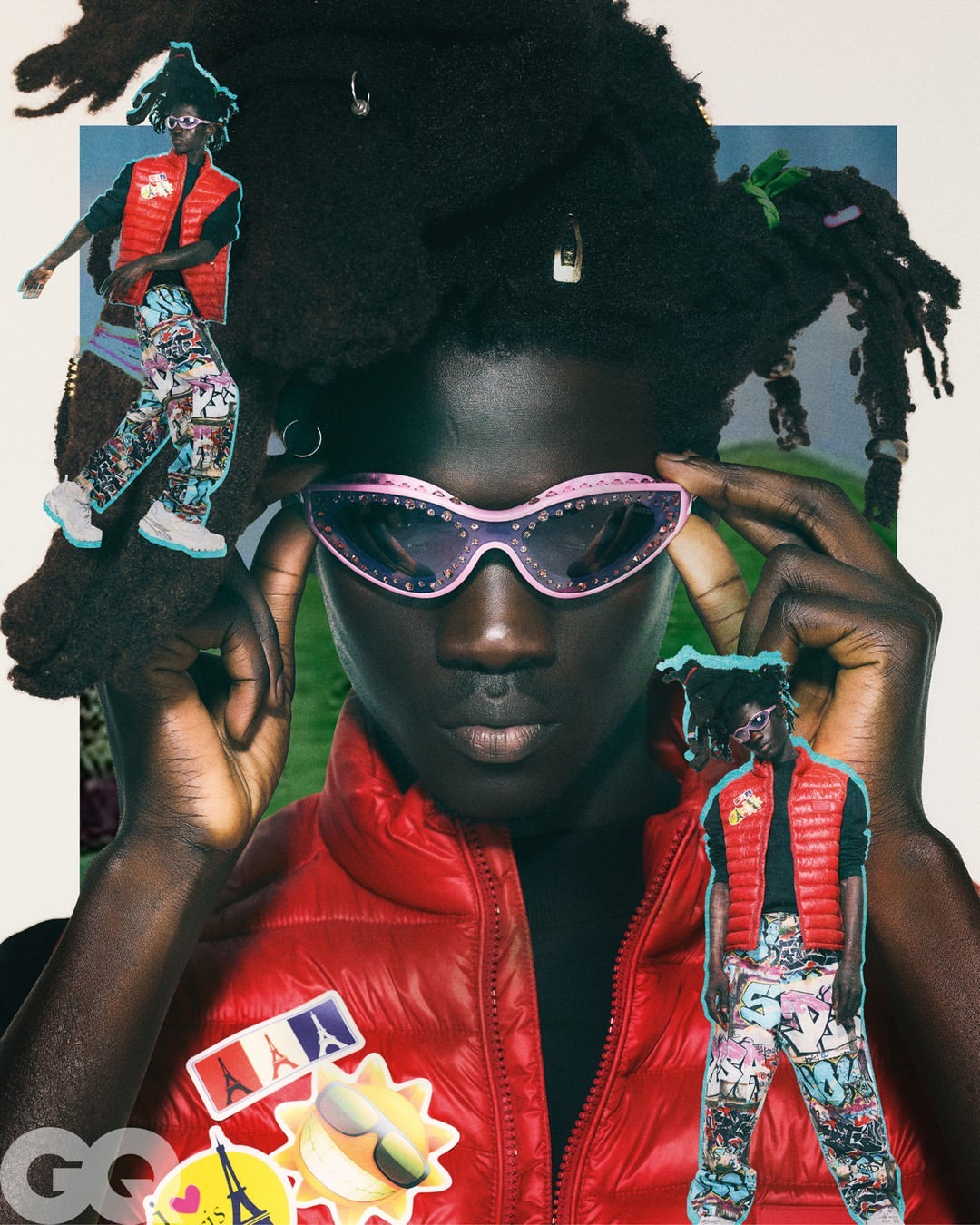 Portrait of a black man wearing pink sunglasses and a red puffer vest, with collage elements in a vertical frame.