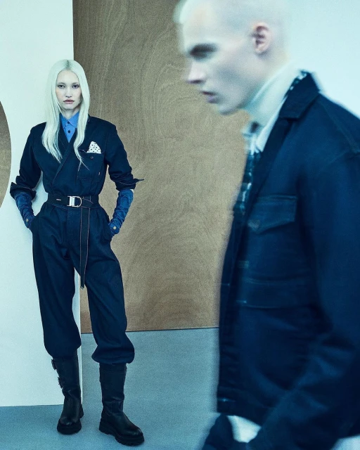 Fashion shot featuring a slender woman with pale hair in a navy jumpsuit and a blurry man in a matching jacket in a studio setting.