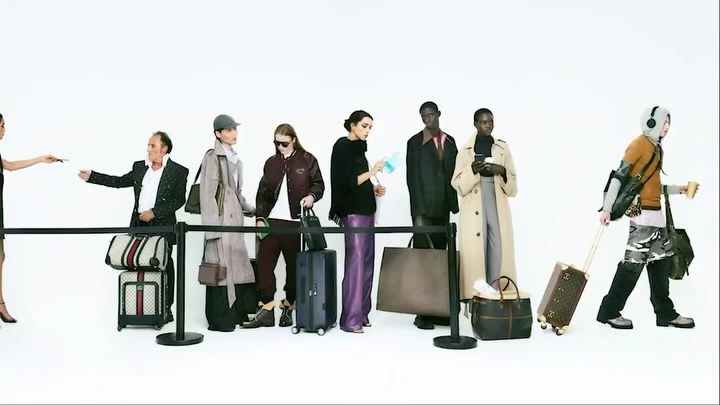 A line of fashionable people waiting in line with suitcases. A white studio background with travelers in various stylish outfits and luggage.
