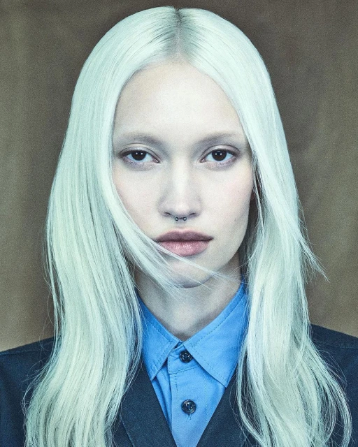 Close-up portrait of an adult female with pale skin, platinum blonde hair, and a blue collared shirt, set against a neutral beige background.