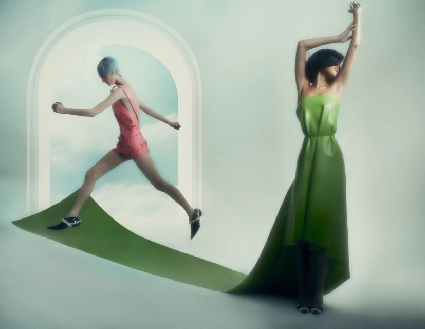 Two women in bright surreal fashion, one leaping through a white arch, the other standing with arms raised, both on a green runway.