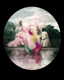 Circular portrait inside a black frame showing a woman adorned in colorful beads and pearls against a painted cloud and landscape backdrop.
