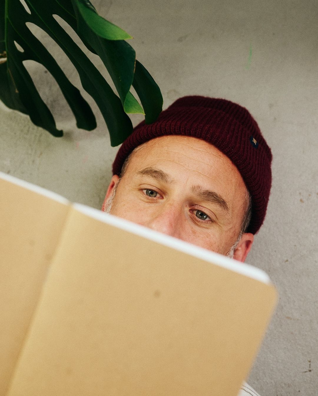 Close up of adult male with a burgundy beanie reading a notebook with a monstera plant and neutral wall in the background.