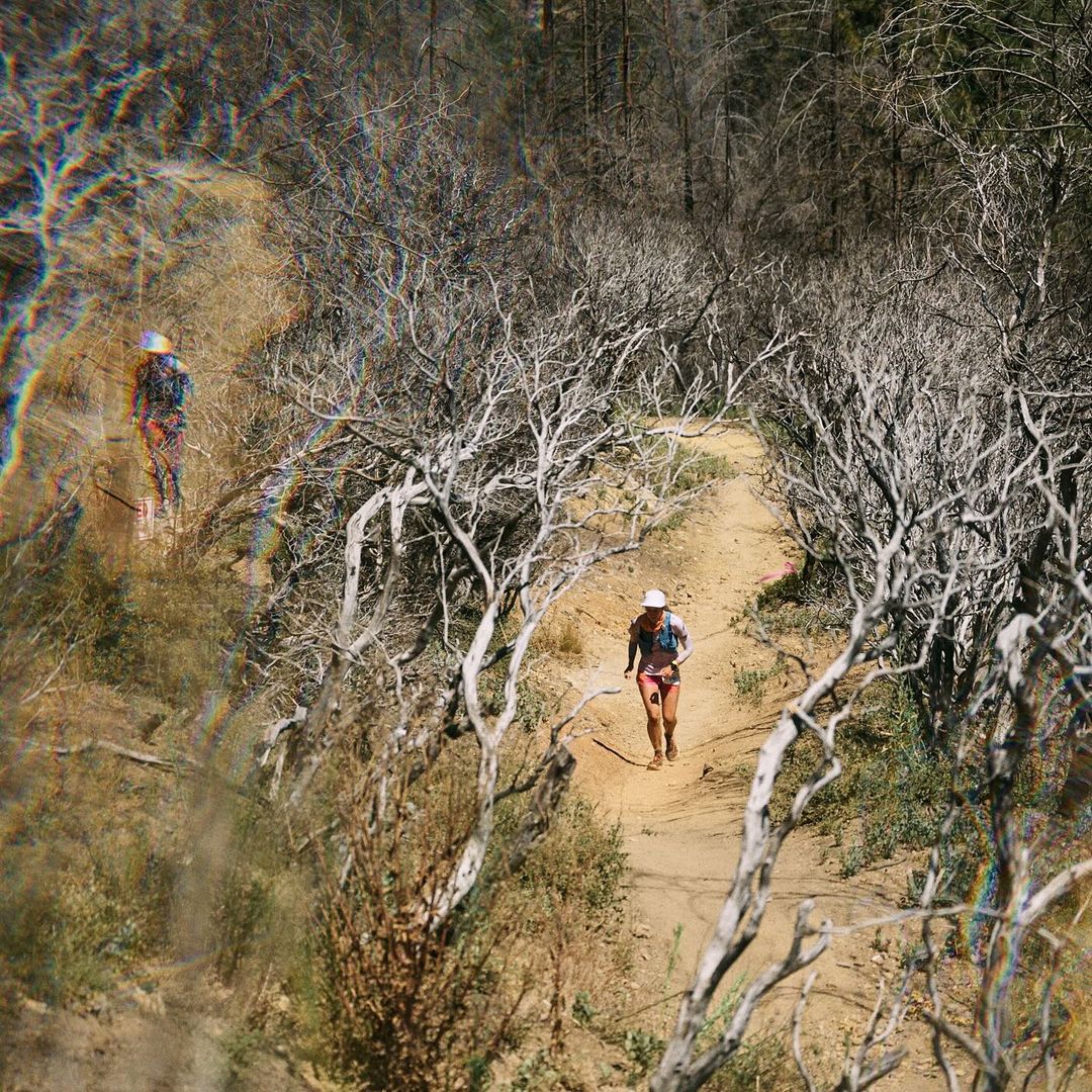 Adult female trail running on a dirt path surrounded by trees and brush on a sunny day in a forest landscape.