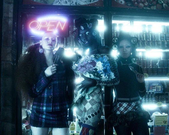 Three stylized women pose in front of a store with an OPEN neon sign, showcasing unique makeup, hair accessories, and diverse fashion choices.