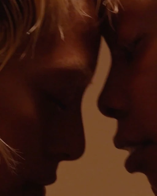 Close-up of two adult humans face-to-face in a dimly lit setting with warm tones, showing their noses and lips, possibly in a moment of intimacy.