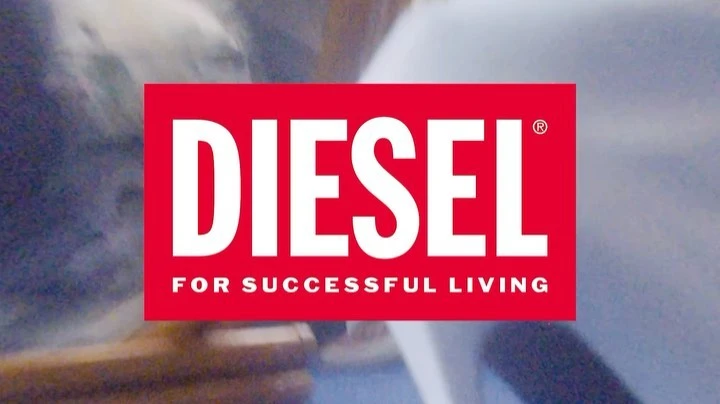Diesel brand logo on red background with white text "Diesel" and slogan "For Successful Living."