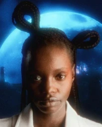 Portrait of a Black woman with braided hair styled into loops against a glowing blue moon background.