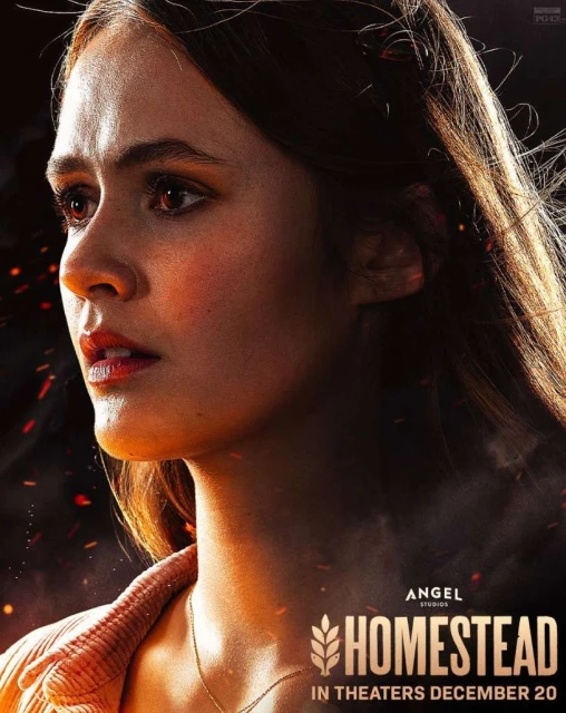 Close-up movie poster of a serious young adult female with long brown hair wearing an orange corduroy jacket and gold necklace.