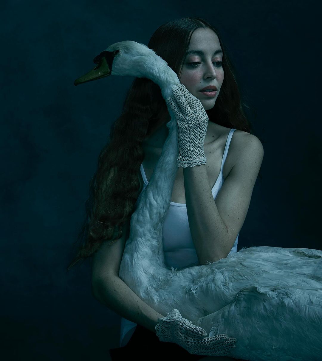 Woman in white top and knitted gloves holding a white swan against a dark textured background by Robert Ascroft