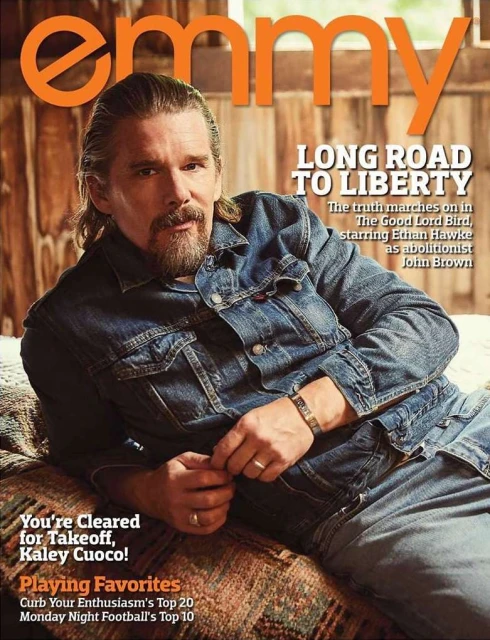 Magazine cover featuring Ethan Hawke in a denim jacket, showcasing a portrait-style photograph with the 'Emmy' logo at the top.