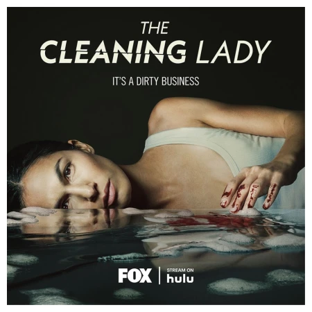 Promotional image for “The Cleaning Lady” featuring a woman lying near water with a dark background and blood on her hands.