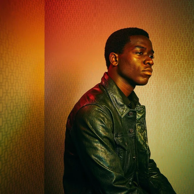 Portrait of a young adult Black male in a dark green jacket, posing indoors against a patterned wall with red and yellow lighting.