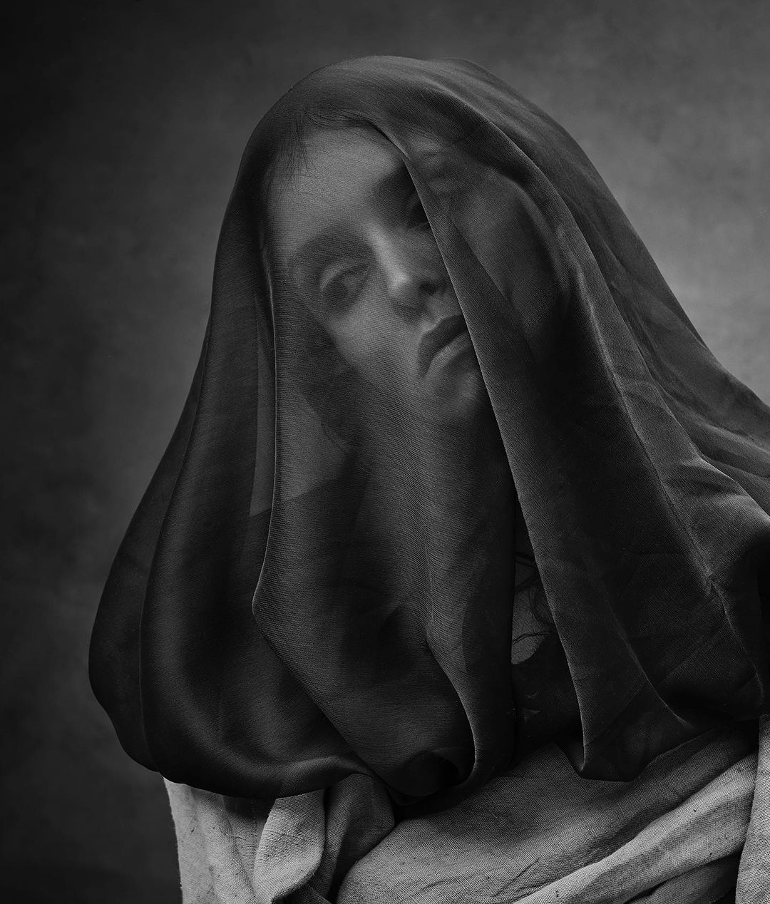 Monochromatic portrait of a woman with a sheer veil draped over her head and shoulders, casting shadows across her face and body.