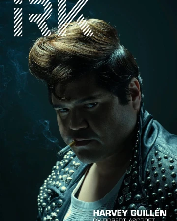 Man with a pompadour hairstyle wearing a studded leather jacket and smoking a cigarette in a portrait by Robert Ascroft.