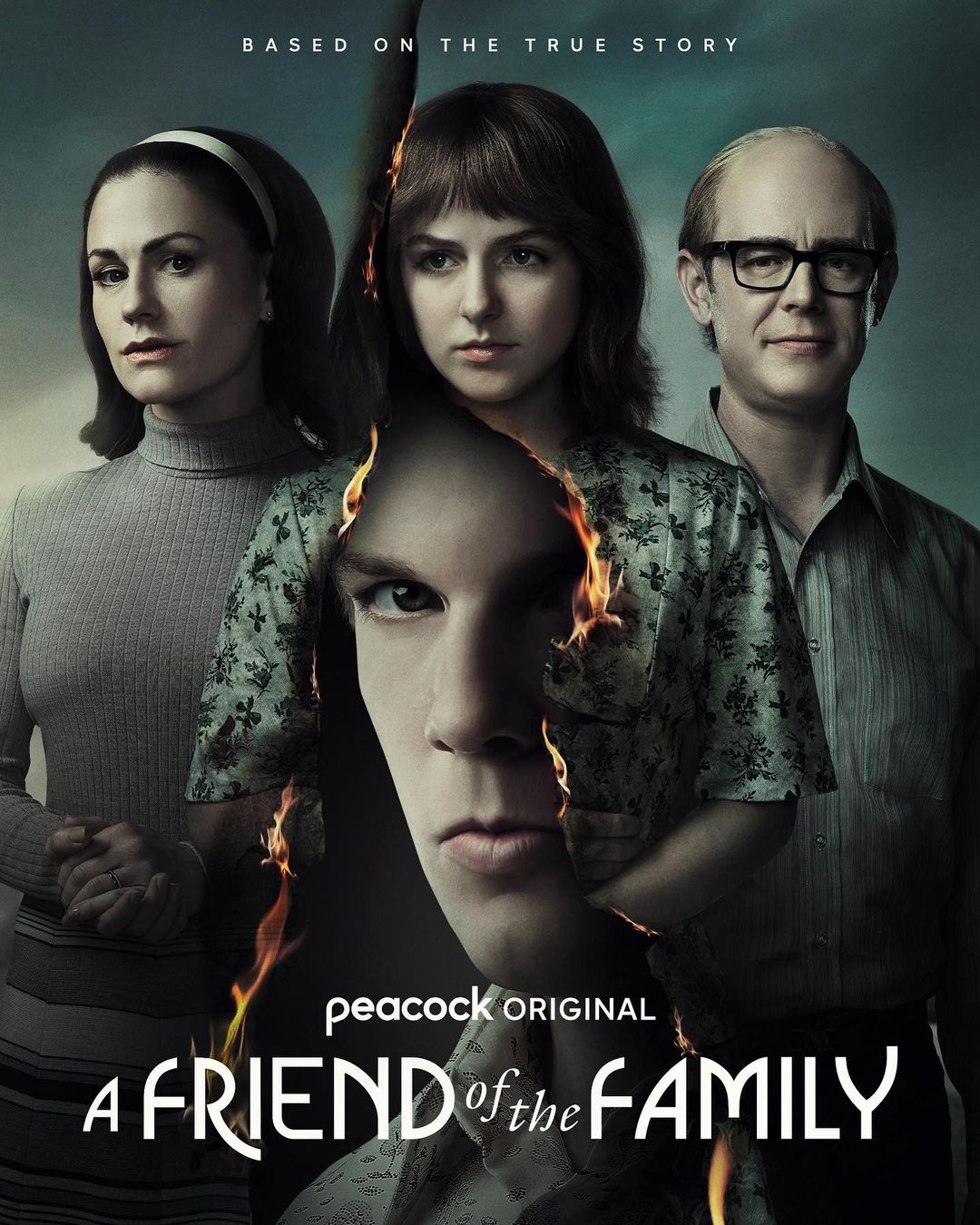 Promotional poster for Peacock Original series, A Friend of the Family, featuring four actors in a retro 1970s-era setting.
