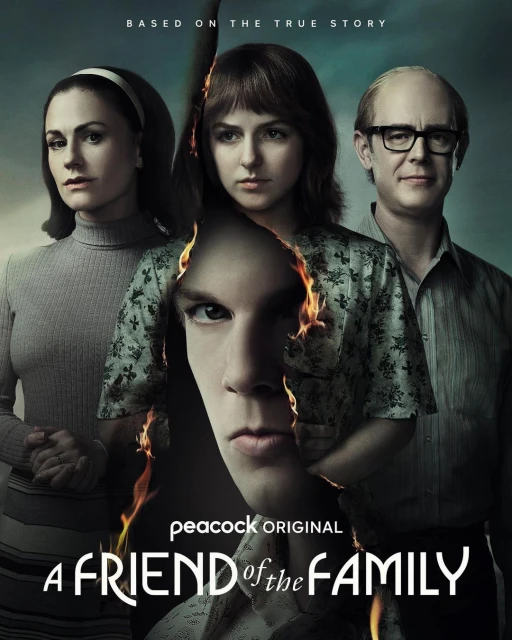 Promotional poster for Peacock Original series, A Friend of the Family, featuring four actors in a retro 1970s-era setting.