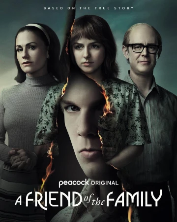 Promotional poster for Peacock Original series, A Friend of the Family, featuring four actors in a retro 1970s-era setting.