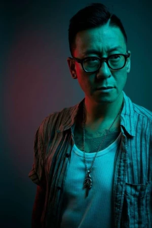Portrait of an East Asian man wearing black framed glasses, a white tank top, and striped shirt under blue and red lighting by Robert Ascroft