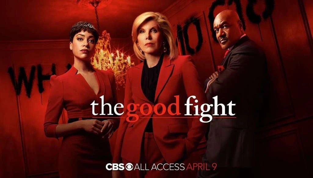 Promotional image for 'The Good Fight' TV show features Christine Baranski, Cush Jumbo, and Delroy Lindo in formal attire with a red color scheme.