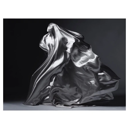 A woman's silhouette is draped in flowing silver fabric against a dark background, creating a dynamic and elegant composition.