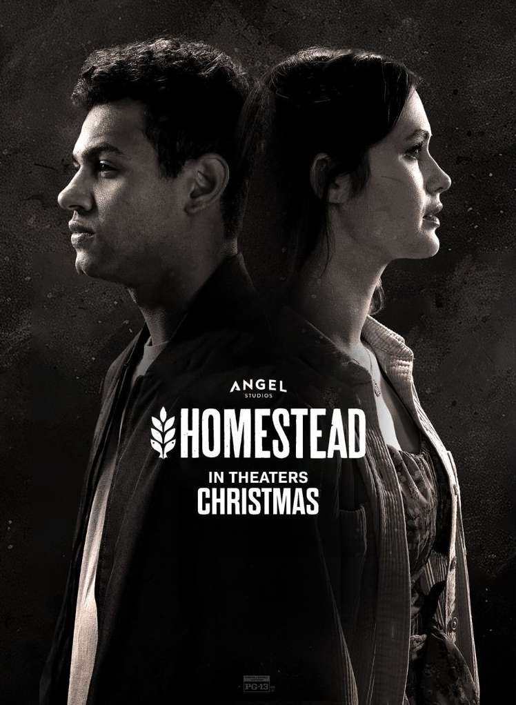 Movie poster featuring a man and woman in profile against a dark background. The title "Homestead" is displayed prominently with the text "In Theaters Christmas".