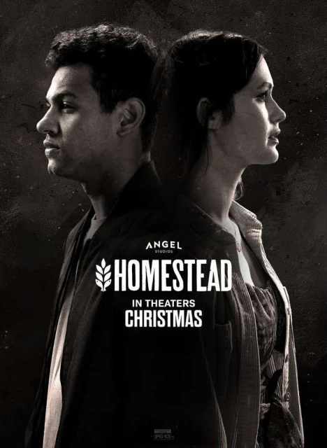 Movie poster featuring a man and woman in profile against a dark background. The title "Homestead" is displayed prominently with the text "In Theaters Christmas".