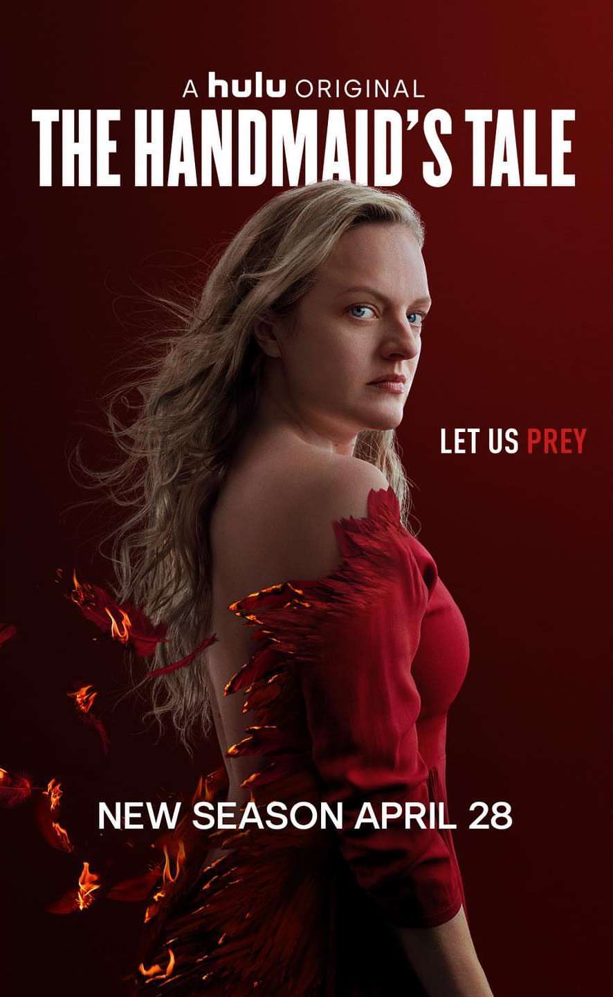 Promotional poster for The Handmaid's Tale featuring a fair-skinned woman in a red dress against a dark red background.