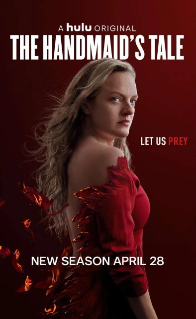 Promotional poster for The Handmaid's Tale featuring a fair-skinned woman in a red dress against a dark red background.