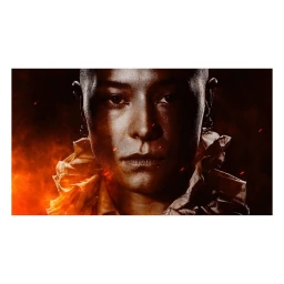 Close-up portrait of a person with a shaved head wearing a ruffled collar against a dark, fiery background with glowing embers.