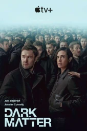 Joel Edgerton and Jennifer Connelly stand in foreground before a crowd of identical men in dark coats under an overcast sky.