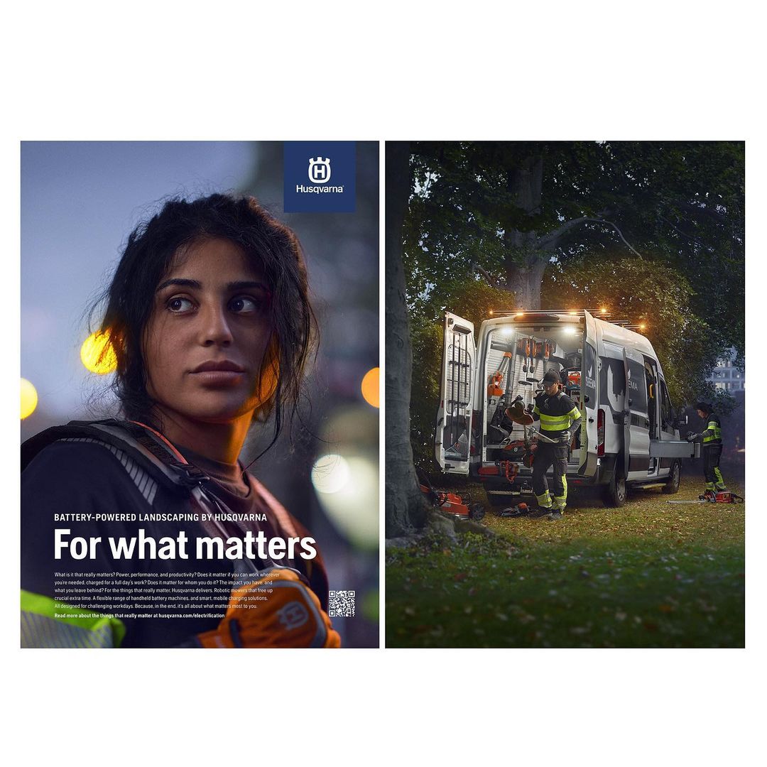 Outdoor split-screen: One side showcases a woman with Husqvarna equipment, the other displays a Husqvarna work van and landscaping crew.