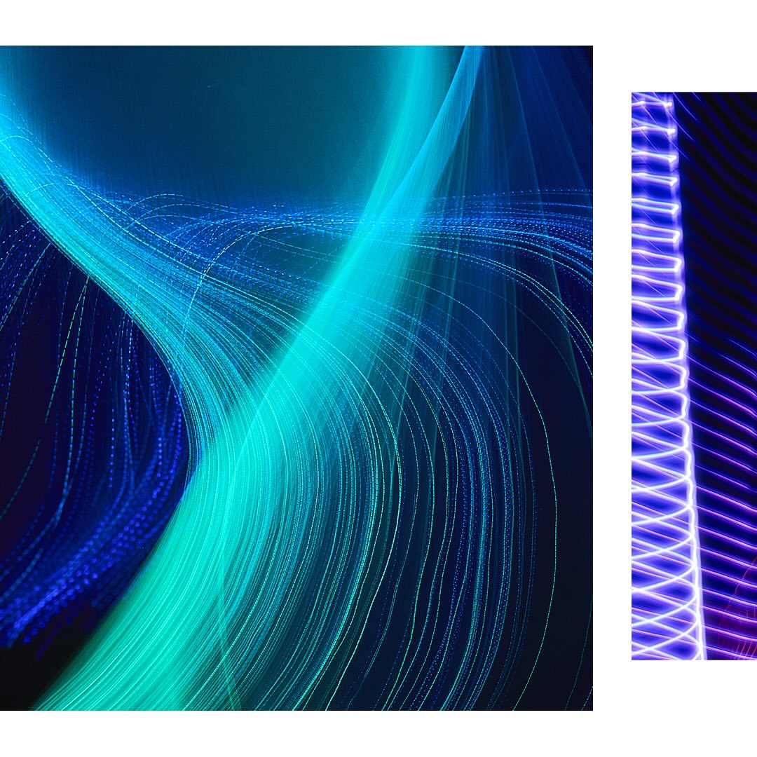 Abstract digital art with flowing lines in shades of blue and teal on a dark background, next to a section with purple linear designs.