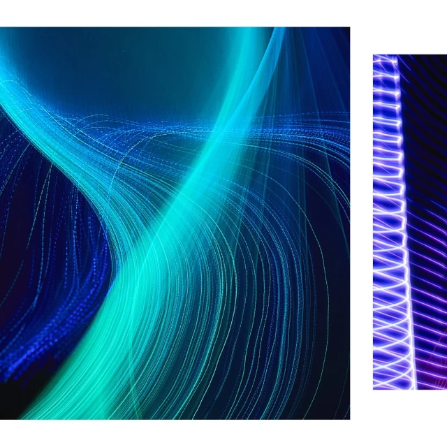 Abstract digital art with flowing lines in shades of blue and teal on a dark background, next to a section with purple linear designs.
