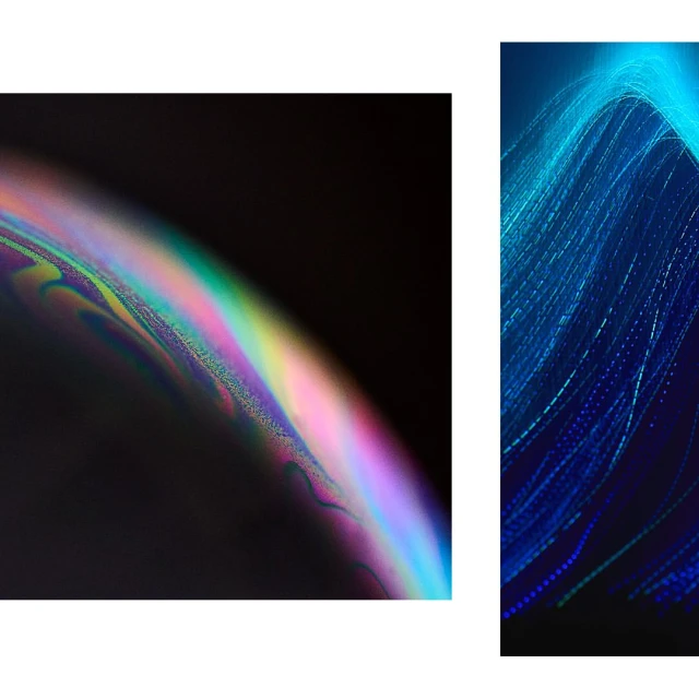Abstract iridescent sphere and blue light streaks on a dark background create a sense of depth and visual interest.