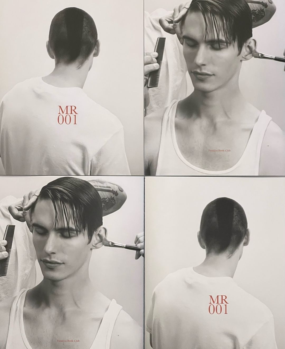 Four-panel studio shot of a young adult male having his hair styled. Comb, brush, and hands visible. Monochrome tones and minimal background.