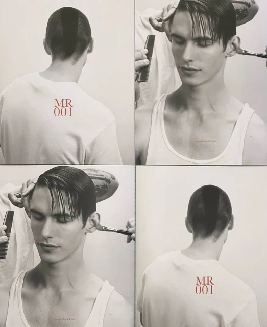 Four-panel studio shot of a young adult male having his hair styled. Comb, brush, and hands visible. Monochrome tones and minimal background.