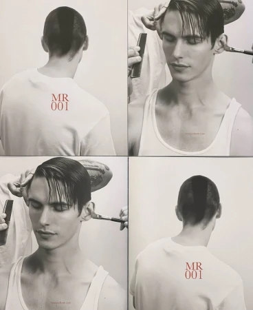 Four-panel studio shot of a young adult male having his hair styled. Comb, brush, and hands visible. Monochrome tones and minimal background.