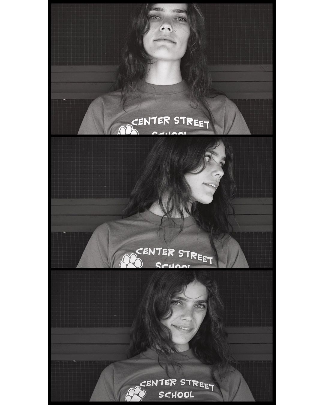 Black and white triptych portrait of a young adult female with long wavy hair wearing a 'Center Street School' T-shirt.