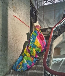 Colorful watercolor ballgown on a mannequin positioned on a grand staircase inside a crumbling historic building.