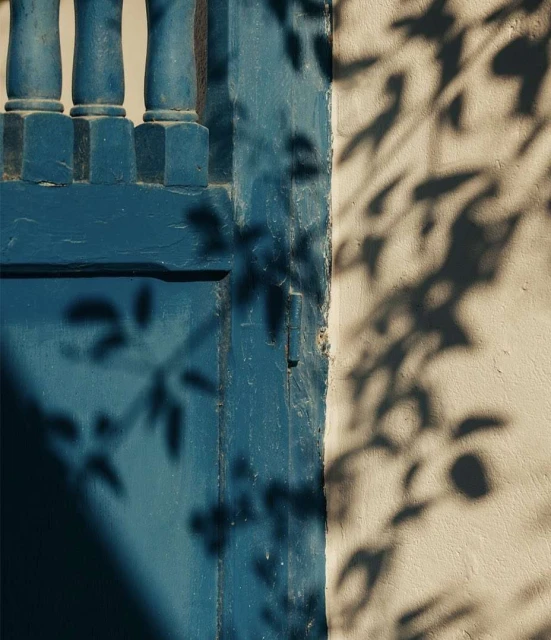 Architectural shot of a blue door frame with ornate posts. Shadows of leaves are visible on the adjacent textured off-white wall.